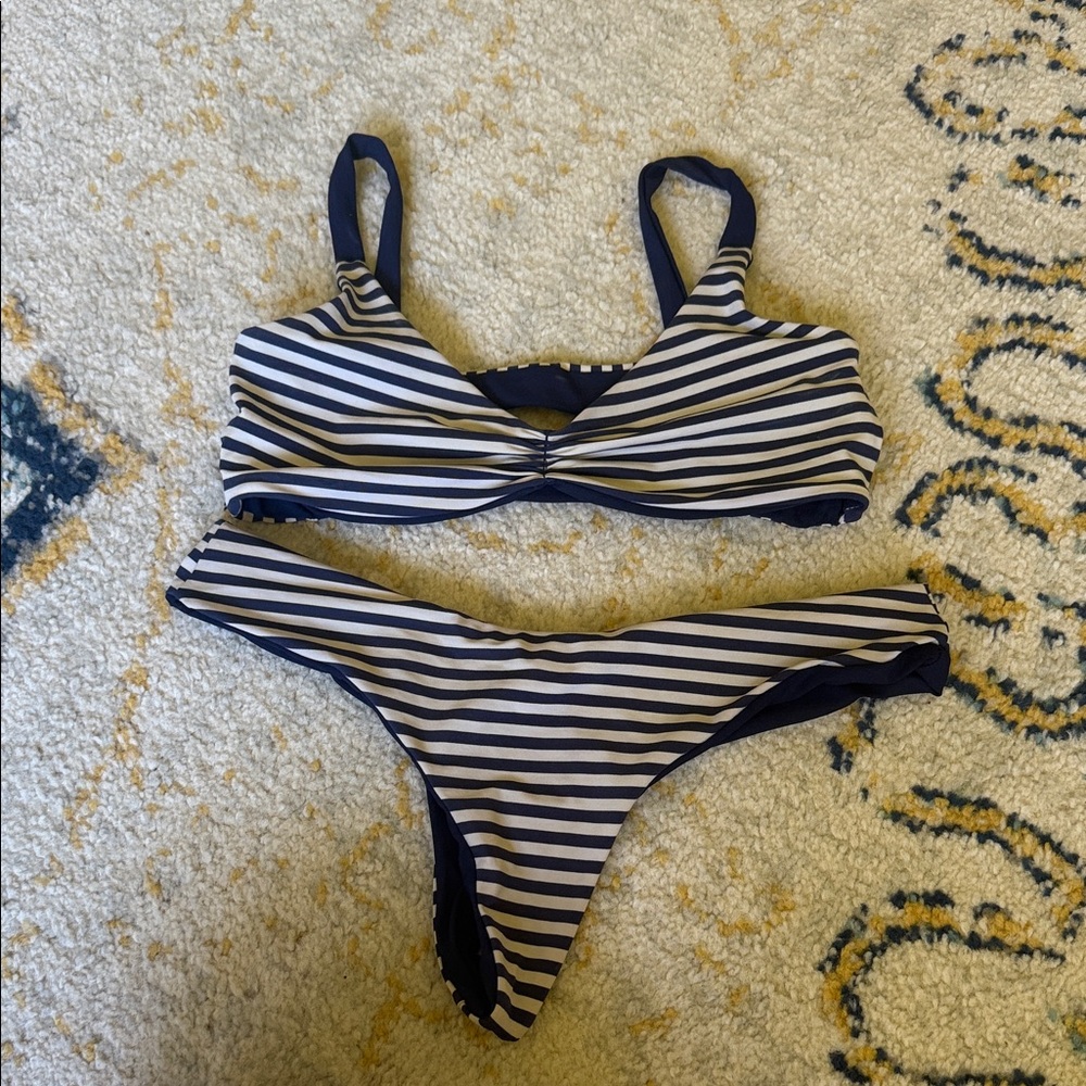 Striped Navy and White Cheeky Thong Bikini Set Brazilian
